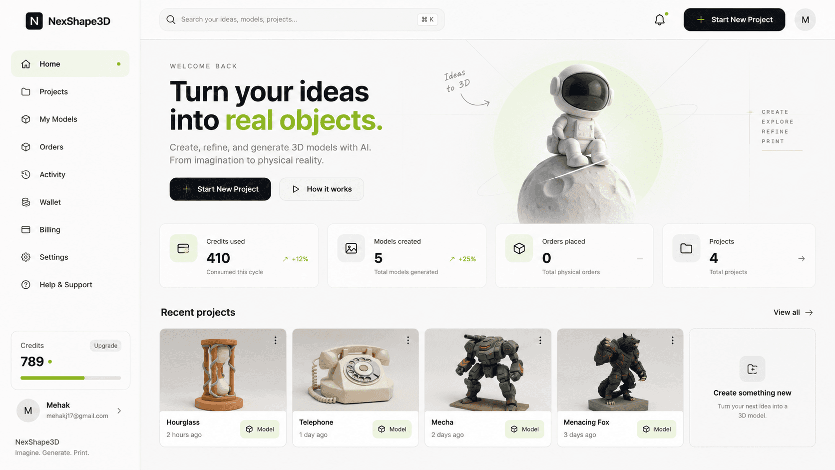 The NexShape3D dashboard: a project workspace with a credit balance and wallet in the sidebar, and previously generated models listed as recent projects.